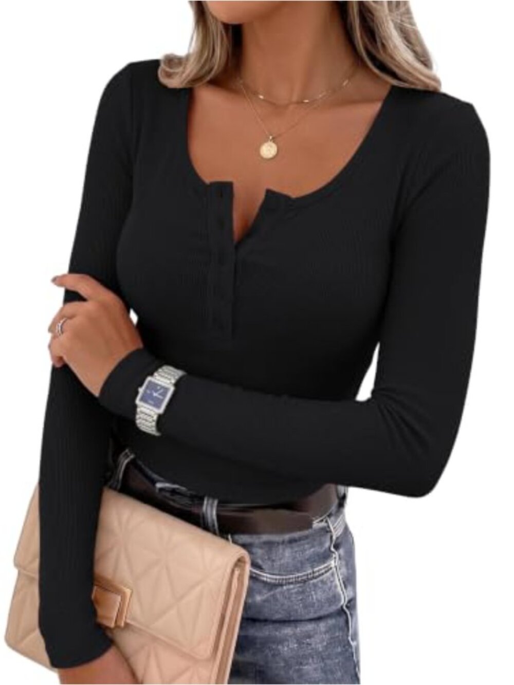 Women's Henley Long Sleeve Ribbed Knit Top Button Front Slim Fit